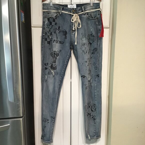 Profound Aesthetic Jeans 36W Hand Art Skinny Jeans - Picture 1 of 7